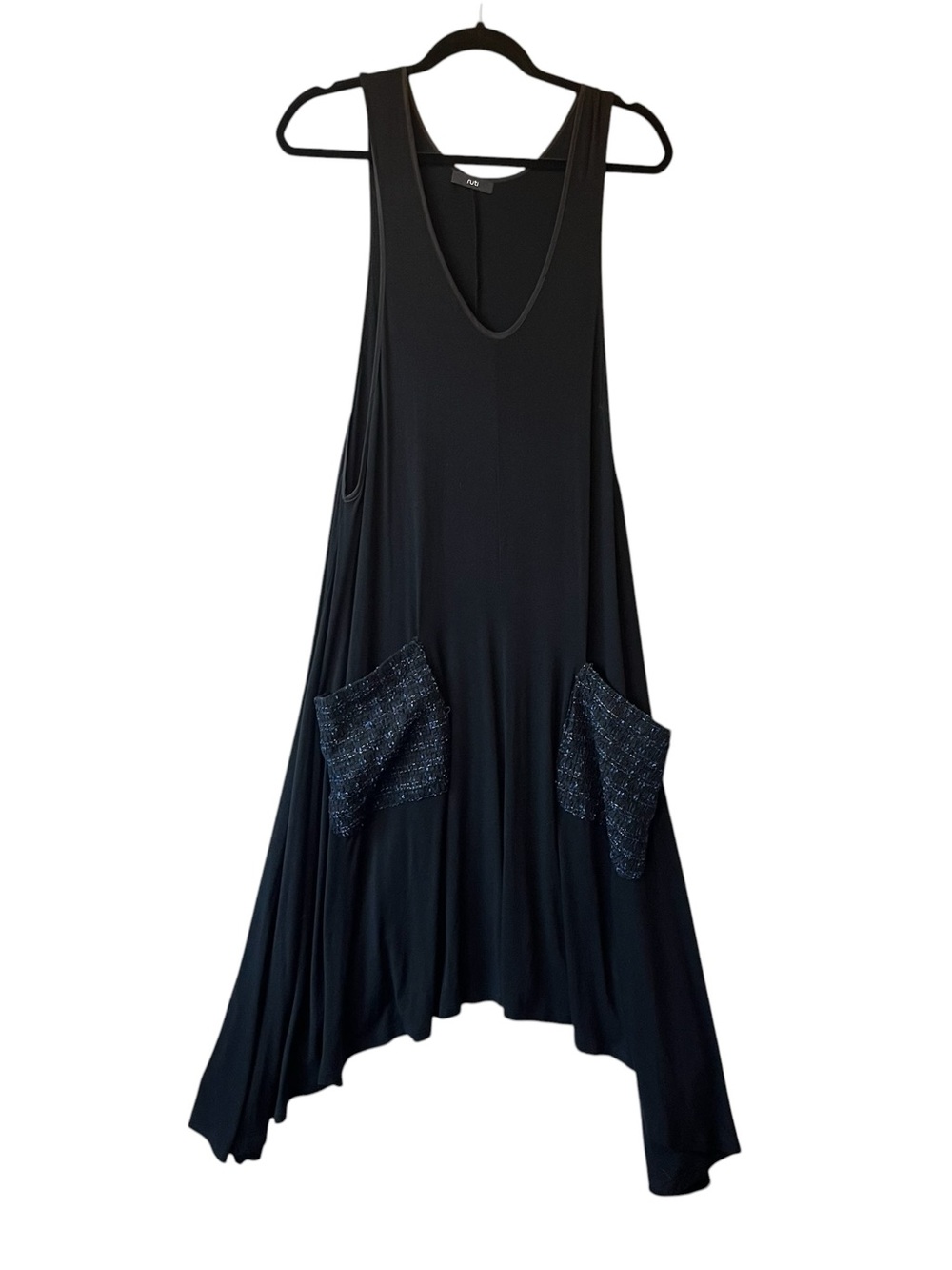 Ruti sleeveless tank dress OS Black Swing Shark bite hem Pockets Viscose stretch